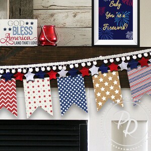 INSTANT DOWNLOAD 4th of July Pennant Flag Banner Vintage Americana Independence Memorial Labor Day Rectangle Bunting - PAT