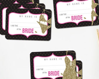 INSTANT DOWNLOAD Name Tags Black Gold Glitter and Pink Bride Bachelorette Lingerie Shower Digital Printable - BGG