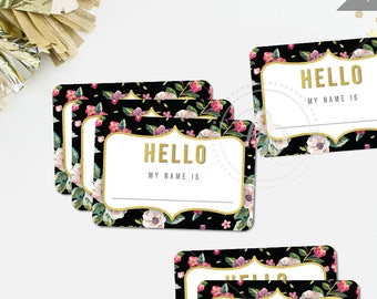 Name Tags Floral Gold Printable Party Event Birthday Wedding Retirement Engagement Rehearsal Bridal Baby Shower Bachelorette Guest - GEN