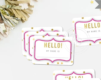 Name Tags Hot Pink Gold Polka Dot Printable Party Event Birthday Wedding Engagement Rehearsal Bridal Baby Shower Bachelorette Guest - GEN