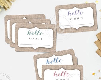 Name Tags Burlap Pastel Printable Party Event Birthday Wedding Retirement Engagement Rehearsal Bridal Baby Shower Bachelorette Guest