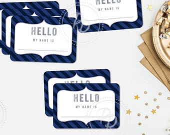 Name Tags Navy Blue Silver Stripe Printable Party Business Event Birthday Wedding Retirement Engagement Rehearsal Bachelor Guest - GEN