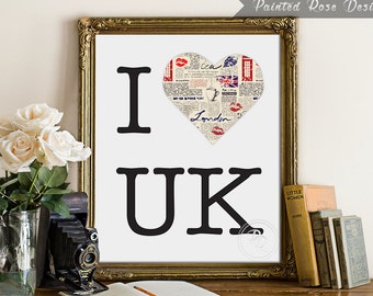 Art Print - Love UK London British United Kingdom Digital Printable Newspaper Print Home Décor Wall Frame Art Gift 8 x 10
