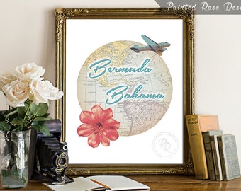 Art Print - Bermuda Bahama Retro Vintage Summer Vacation Digital Printable Home Décor Wall Frame Art Gift 8 x 10