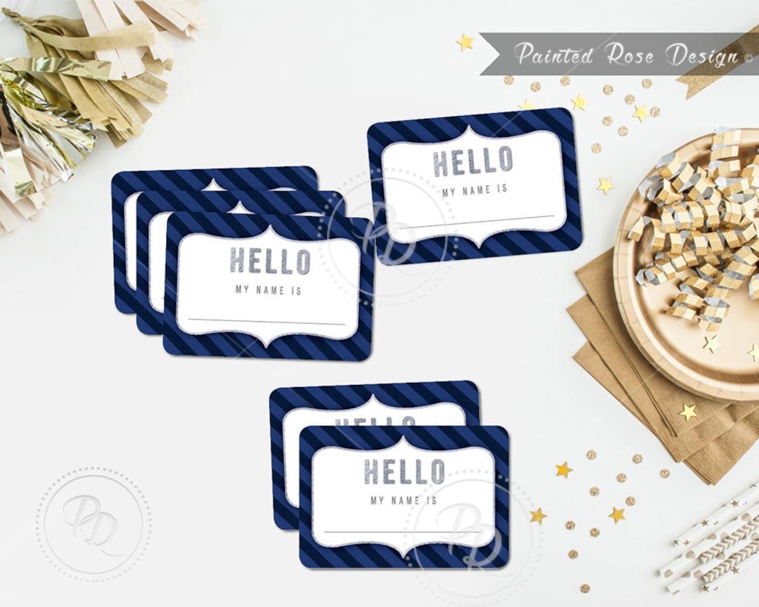 Name Tags Navy Blue Silver Stripe Printable Party Business Event ...