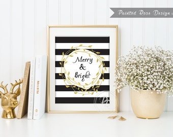 Art Print - Merry and Bright Holiday Christmas Winter Quote Digital Printable Home Décor Wall Frame Art Gift 8 x 10 - ILF