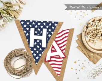 INSTANT DOWNLOAD 4th of July Pennant Flag Banner Independence Day Triangle Bunting Stars and Stripes with Burlap - PAT