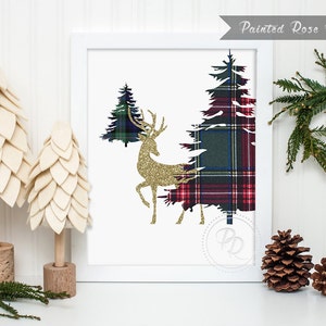 Art Print - Deer Pine Tree Winter Holiday Christmas Plaid Digital Printable Home Décor Gift 8 x 10 - ILF