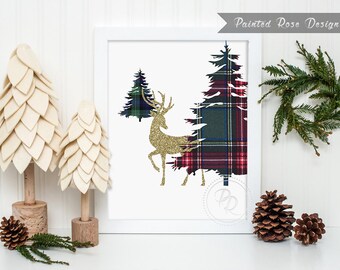 Art Print - Deer Pine Tree Winter Holiday Christmas Plaid Digital Printable Home Décor Gift 8 x 10 - ILF