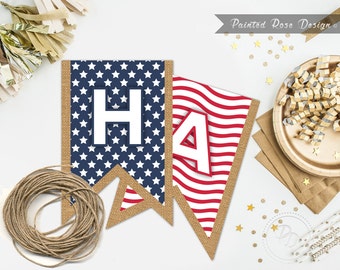 INSTANT DOWNLOAD 4th of July Pennant Flag Banner Independence Day Rectangle Bunting Stars and Stripes with Burlap - PAT