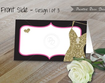 Place Cards Tent Style Black Gold Glitter and Pink Bride Bachelorette Lingerie Shower Digital Printable - BGG