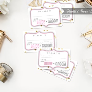 Etiquetas de nombre con lunares rosas y dorados para imprimir en eventos, bodas, compromisos, ensayos, despedidas de soltera, invitadas, descarga instantánea.