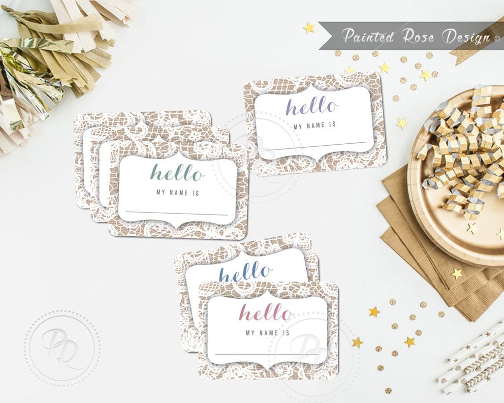 Name Tags Burlap Lace Printable Party Event Birthday Wedding Retirement ...