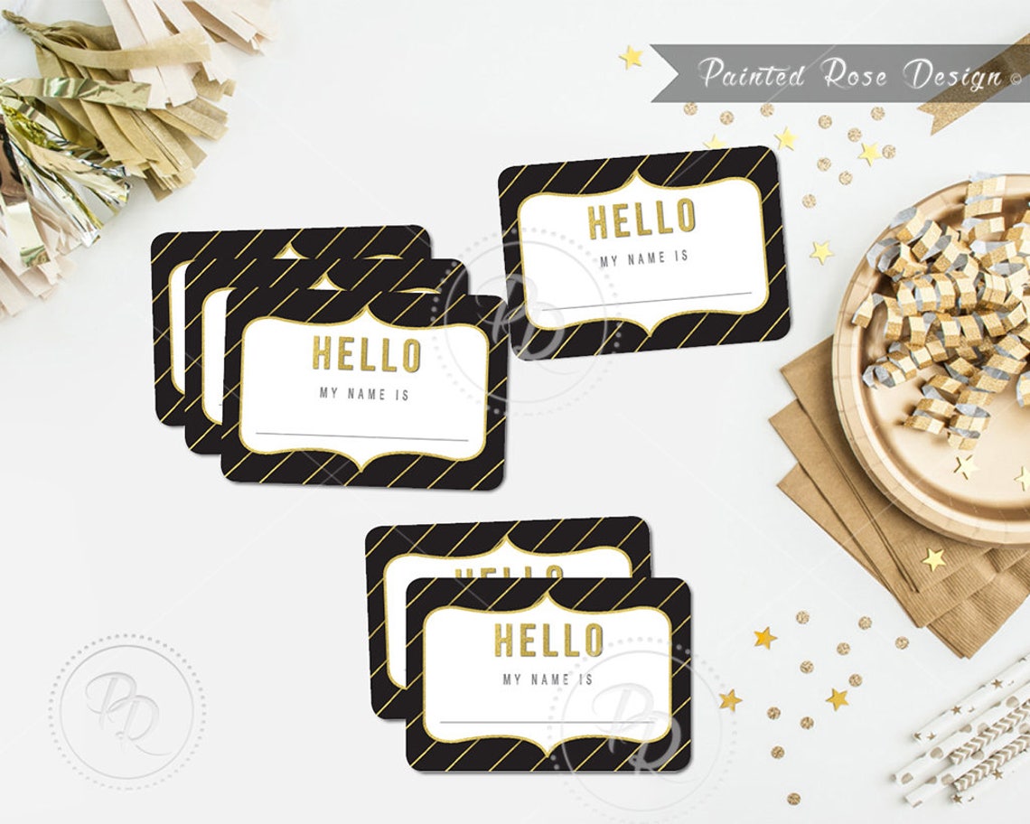 Name Tags Gold Black Pinstripe Printable Party Event Birthday Wedding ...