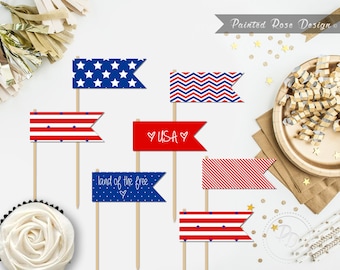 Cupcake Flags 4th of July Stars and Stripes Dessert Topper Labels Independence Memorial Labor Day Digital Printable INSTANT DOWNLOAD - PAT