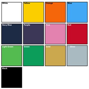 May include: A color chart with 12 different colors, including white, yellow, orange, blue, navy blue, purple, pink, red, light green, green, gold, and silver. The colors are arranged in a grid pattern.