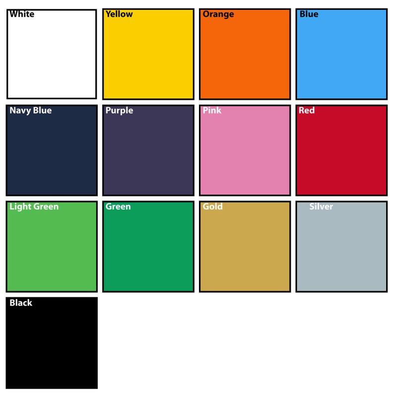 May include: A color chart with 12 different colors, including white, yellow, orange, blue, navy blue, purple, pink, red, light green, green, gold, and silver. The colors are arranged in a grid pattern.