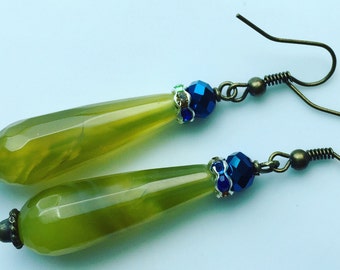 Oriental Green Jade Teardrop Earrings / Bronze Earrings / Gemstone Bronze Earrings / Green Earrings