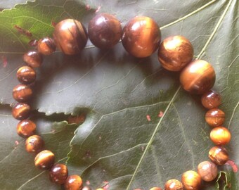 May include: A brown and gold tiger's eye beaded bracelet with a silver bead accent. The bracelet is lying on a green leaf.