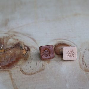 May include: Two small square leather patches with a ladybug design. One patch is brown and the other is light pink.