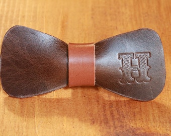 Bow ties for boys. Monogram stamped Brown Leather Bowtie. Fathers Day Gift. Ring Bearer bow tie. Boys toddler bowties Wedding bow tie Dapper