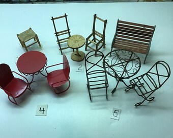 Dollhouse Miniature Outdoor Tables, Chairs, Bench, and  Plant Stand