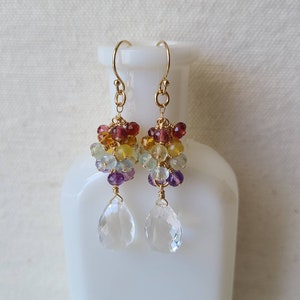 Gorgeous Rainbow and Crystal Quartz Gemstone Dangle Earrings in 14k Gold Filled Garnet Citrine Yellow Opal Prehnite Aquamarine Amethyst