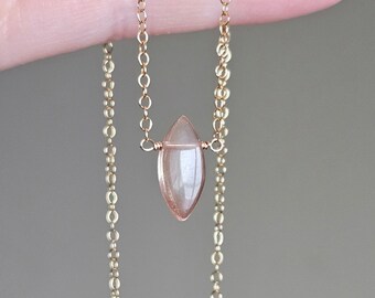 Oregon Sunstone Marquise Pendant Necklace in 14k Gold Filled / Adjustable Necklace 16 to 18 inches with Flower Charm Clasp