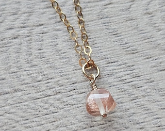 Lovely Peach Schiller, Minimalist Oregon Sunstone Pendant Necklace in 14k Gold Filled