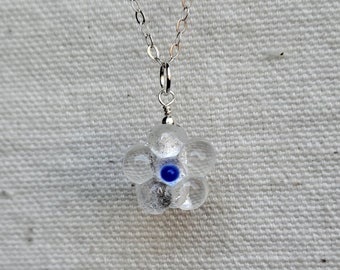 Clear and Blue Glass Flower Pendant Necklace in Sterling Silver