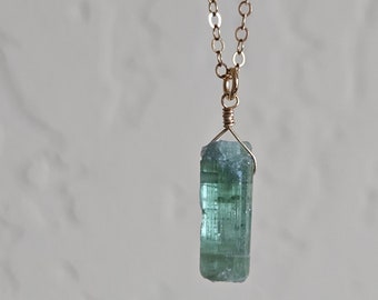 Green Tourmaline Crystal Pendant Necklace in 14k Gold Filled