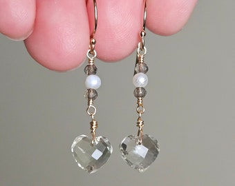 Green Amethyst Heart Earrings with Smoky Quartz and Freshwater Pearls in 14k Gold Filled