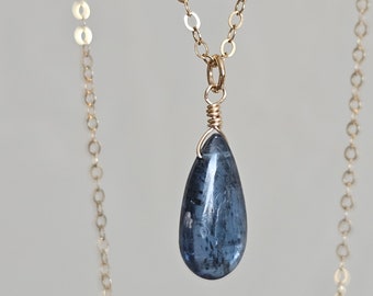 Dark Teal Moss Kyanite Pendant Necklace in 14k Gold Filled