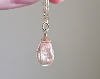 GORGEOUS Peach Schiller Oregon Sunstone Pendant Necklace in 14k Gold Filled