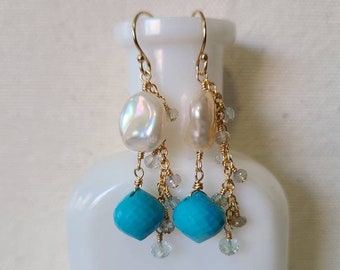 Beautiful Freshwater Pearl and Turquoise Dangle Earrings with Labradorite and Aquamarine on 14k Gold Filled Chain and Ear Wires