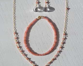 Rhodochrosite and Crystal Quartz Jewelry Set in 14k Gold Filled,  Earrings, Bracelet,  Necklace