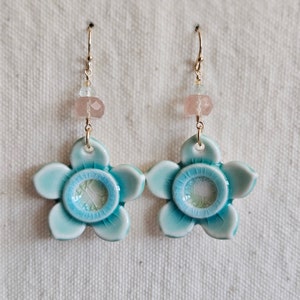 Green Ceramic Flower Earrings: Oregon Sunstone, Aquamarine, Opal, 14k Gold Filled