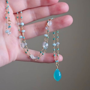 Aqua Chalcedony Pendant Necklace: Rainbow Moonstone, Larimar, and Topaz in 14k Gold Filled