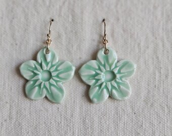 Green Ceramic Flower Earrings in 14k Gold Filled