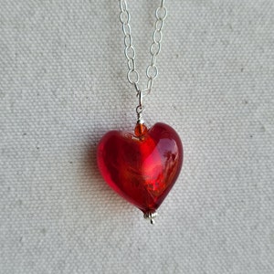 Red Glass Heart Pendant Necklace in Sterling Silver