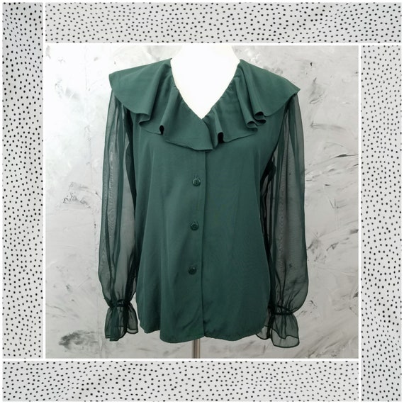 MIRRORS 80's Vintage Forest Green Ruffled Blouse -