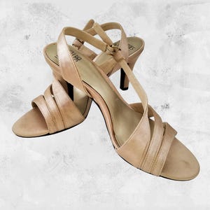 MOOTSIES TOOTSIES Golden Tan Sandal Heels - Gold Sandal Pumps - Gold Satin Pumps - Vintage Open Toe Pumps - Sling Back Gold Heels - Women&#39;s