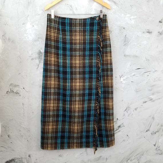 CAMBRIDGE COUNTRY Brown Mint Blue Wool Wrap Skirt Vintage 90s