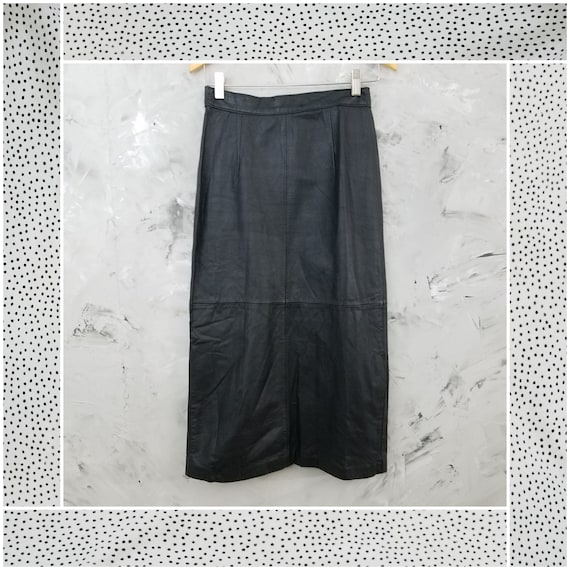 Black Leather Skirt - Mid Calf Straight Cut Skirt… - image 1