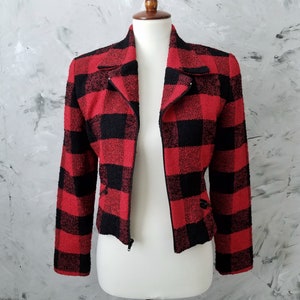 LAUNDRY 80&#39;s Red Black Jacket - Aviator  - Classic Blazer- Red Black Plaid  - Vintage 80&#39;s - 1980&#39;s MOTO Jacket - Stylish 1980&#39;s Fashion