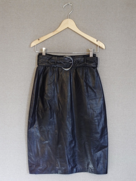 Black Leather Skirt - Size 5/6 1980's High Waist B