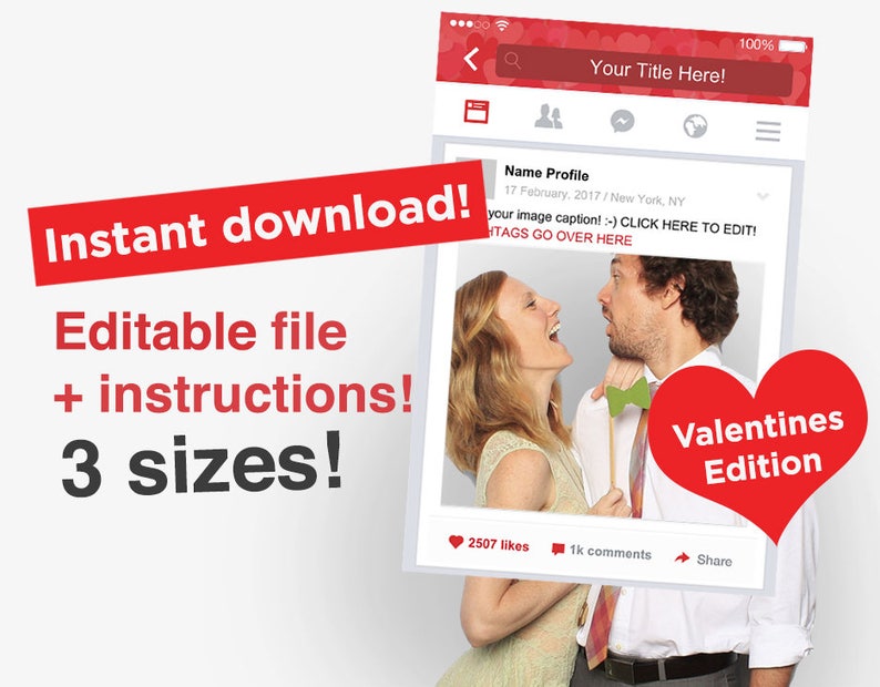Diy Valentines Day Photo Booth Facebook Style Frame Editable Valentines Day Props Photobooth Party Supplies Paper Party Supplies Kromasol Com