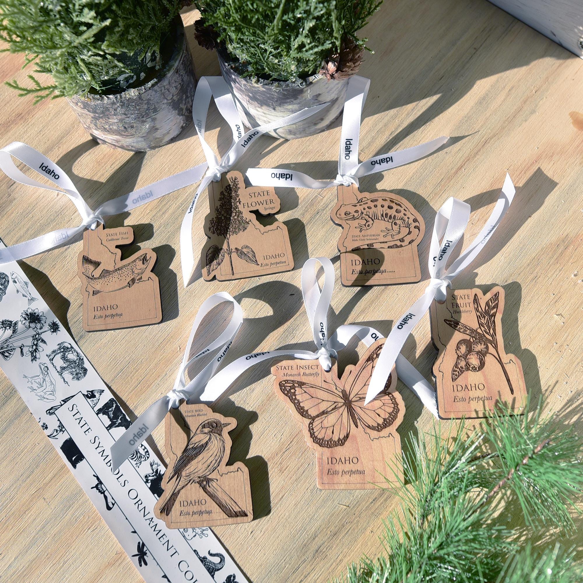 Laser Engraved Wooden Ornaments – State Symbols Collection; IDAHO to MASSACHUSETTS