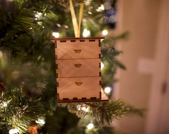Bee Hive Ornament, Langstroth Hive Ornament, wooden bee christmas ornament