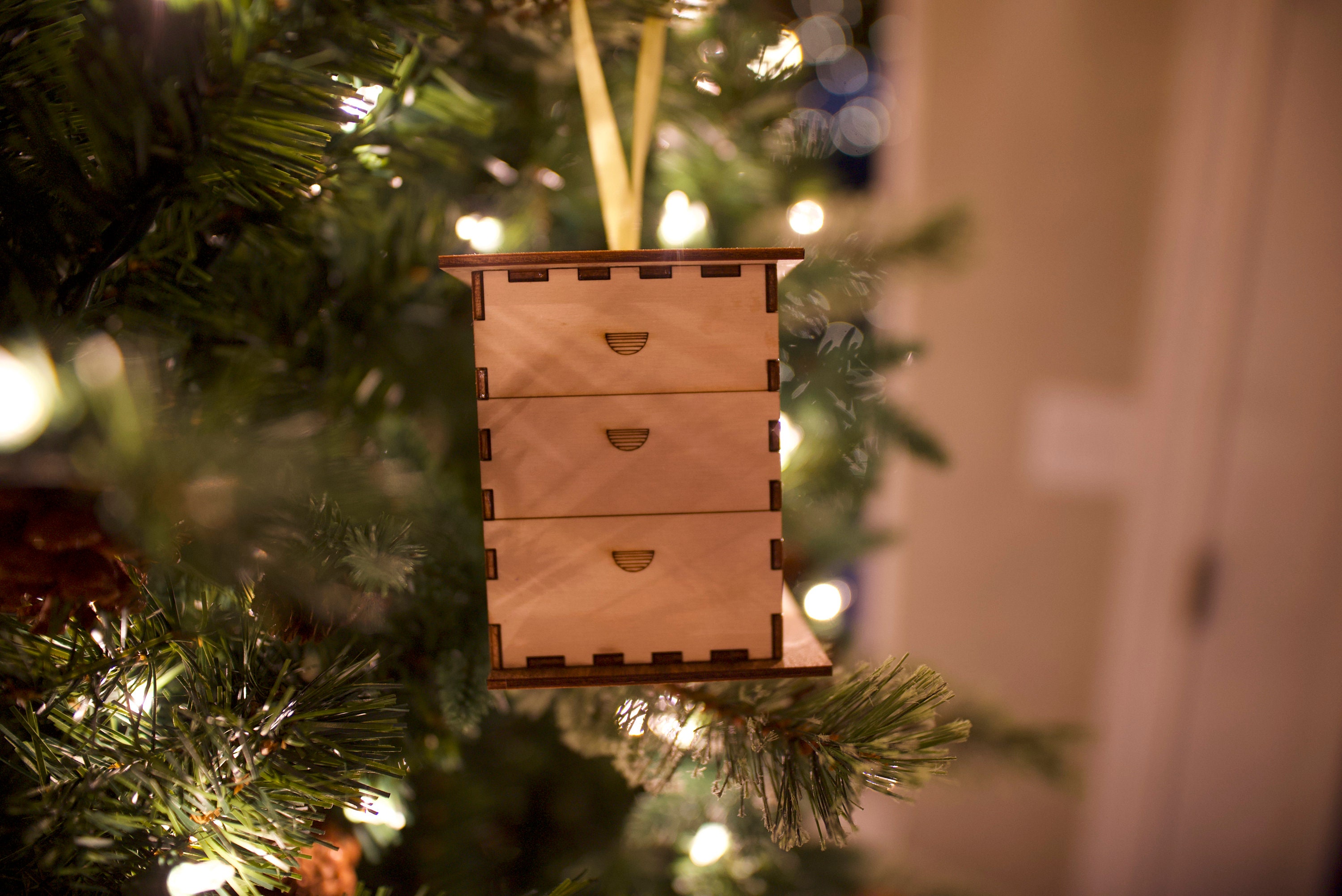 Bee Hive Ornament, Langstroth Hive Ornament, wooden bee christmas ornament